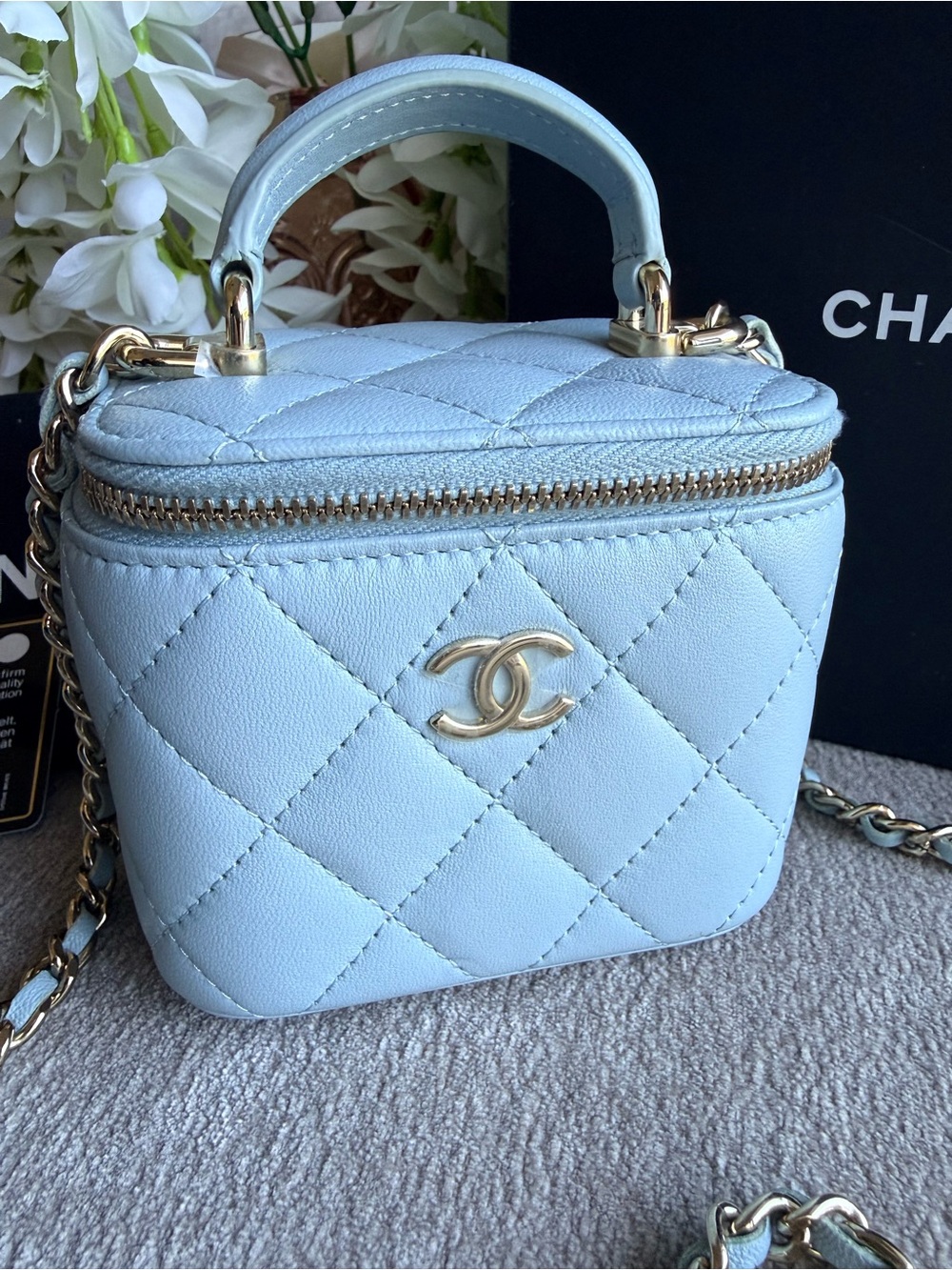 CHANEL Baby Blue Quilted Mini Vanity Top Handle Crossbody Bag with COA - Picture 2 of 14